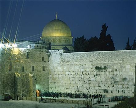 犹太区,哭墙,圆顶清真寺,夜景,耶路撒冷,以色列