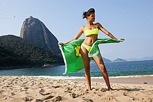 站立,男人,海滩,巴西国旗,里约热内卢,巴西