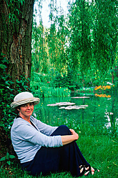 法国,莫奈花园,女人,休息,水塘