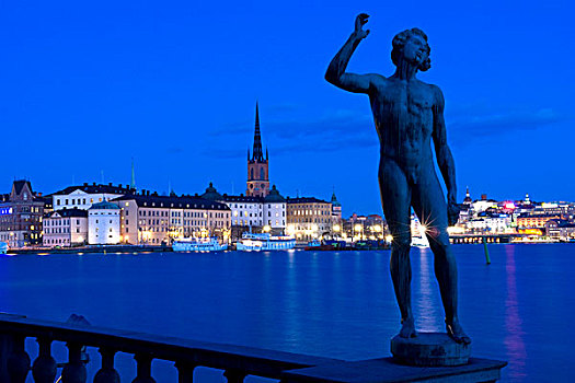 骑士岛,历史名镇,夜景,斯德哥尔摩,瑞典,斯堪的纳维亚,欧洲