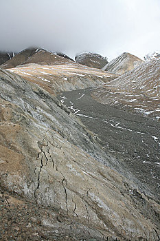 青海,可可西里,库塞湖边的雪山推下的泥石流