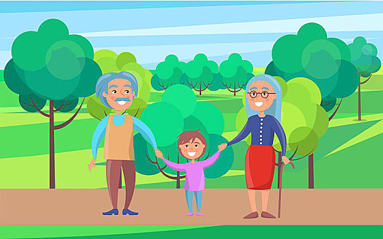 高兴,祖父母,老年,夫妻,走,孙子,握手,背景,绿色,树,公园,矢量,插画