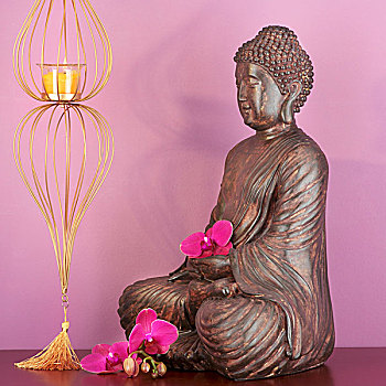 佛像,兰花,蜡烛,玻璃