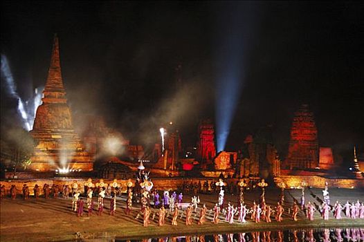 历史,表演,烟花,寺院,玛哈泰寺,大城府,泰国