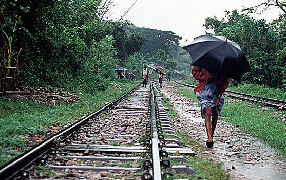人,走,轨道,道路,线条,季风,雨,孟加拉,2007年