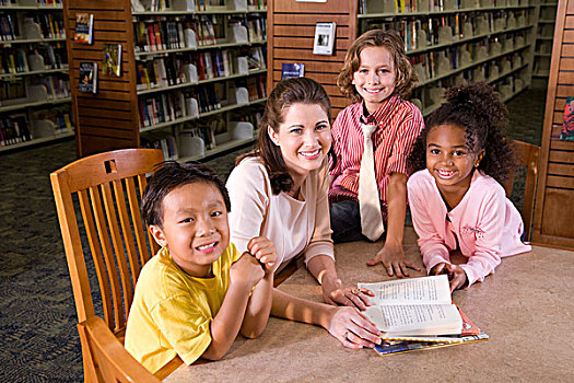 肖像,小学,教师,学生,图书馆