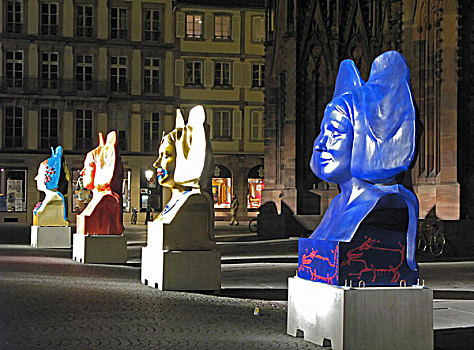 四个,巨大,阿尔萨斯,雕塑,夜晚,斯特拉斯堡,法国