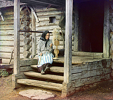 女人,旋转,纱线,乡村,俄罗斯,收集,纺织品,历史
