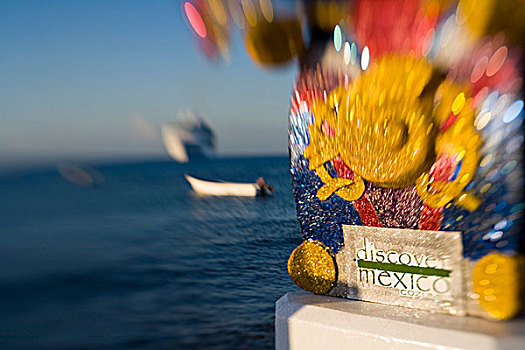 北美,墨西哥,科苏梅尔,彩色,雕塑,人行道,游船,背景