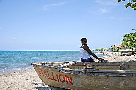 中年,女人,坐,船,安东尼奥港,牙买加