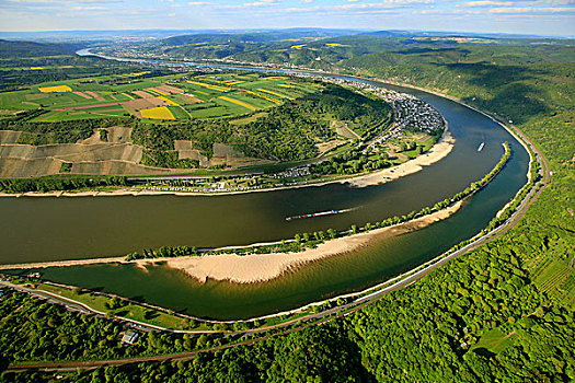航拍,环,莱茵河,河,靠近,低水位,莱茵兰普法尔茨州,德国,欧洲