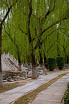 中國古典園林湖泊中的拱形橋和石板路