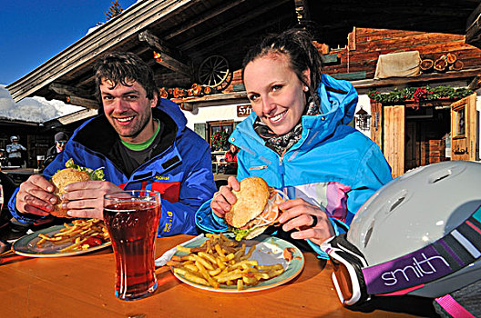 滑雪者,吃,正面,餐馆,巴伐利亚,德国,提洛尔,奥地利,欧洲