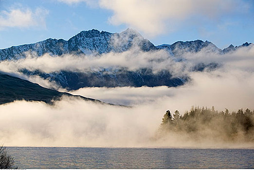 山峦,雾,上方,瓦卡蒂普湖,皇后镇,南岛
