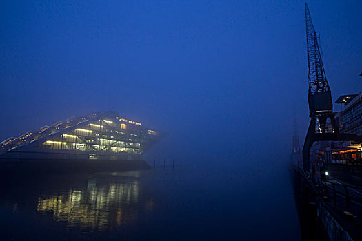 雾,日出,港口,汉堡市,德国