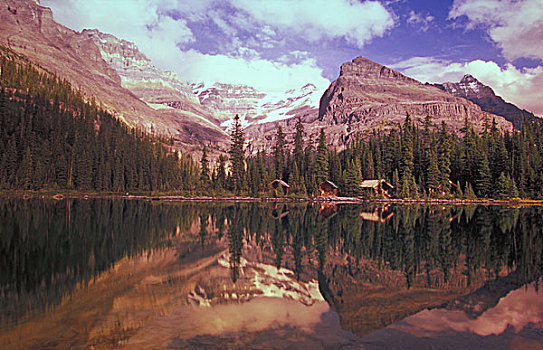 反射,小屋,山峦,湖,幽鹤国家公园,不列颠哥伦比亚省,加拿大