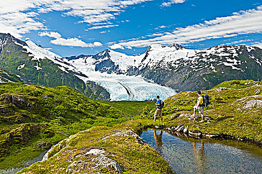 远足者,远足,波蒂奇,冰河,背景,楚加奇国家森林,阿拉斯加,夏天