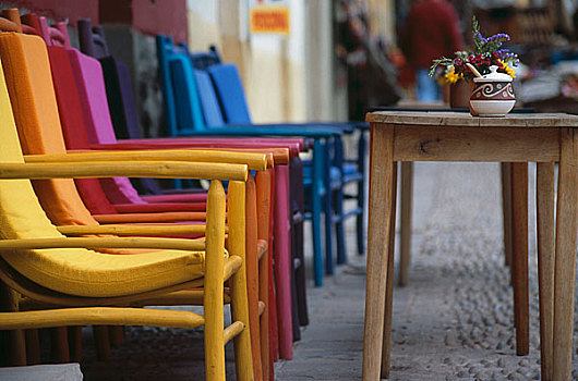 彩色,椅子,木桌,露天咖啡馆,秘鲁