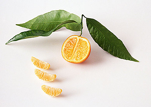 克莱门氏小柑橘,一半,叶子