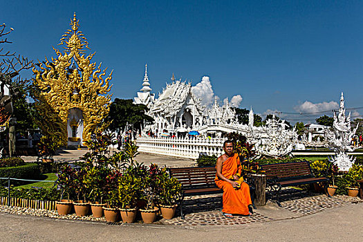 僧侣,坐,正面,华丽,金色,入口,寺院,白色,庙宇,建筑师,清莱,省,北方,泰国,亚洲
