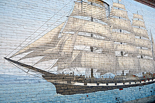 华盛顿,港口,纵帆船,壁画,老建筑,大幅,尺寸