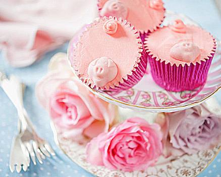 粉色,杯形蛋糕,装饰,猪