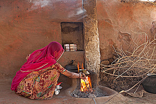 印度,拉贾斯坦邦,女人,传统服饰,火