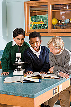 小学,男孩,显微镜,科学实验室