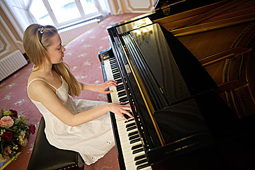 女人,白色,连衣裙,玩,钢琴