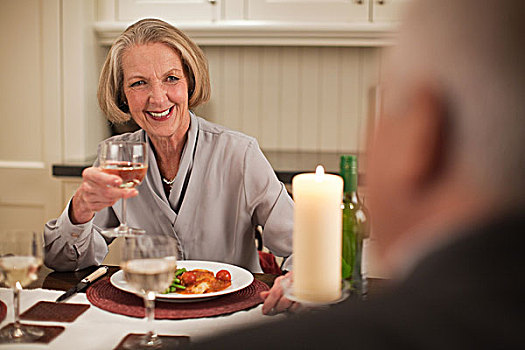 老年,女人,葡萄酒,餐饭