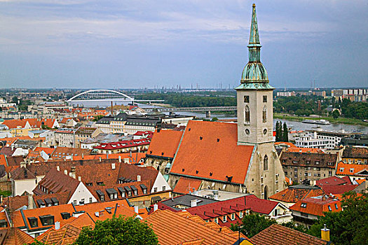 老城,大教堂,吊桥,上方,多瑙河,远景,布拉迪斯拉瓦,斯洛伐克