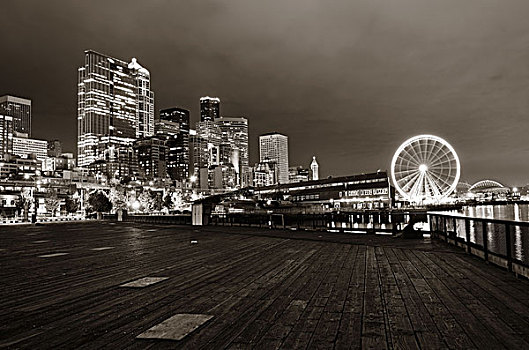 西雅图,水岸,风景,城市,建筑,夜晚