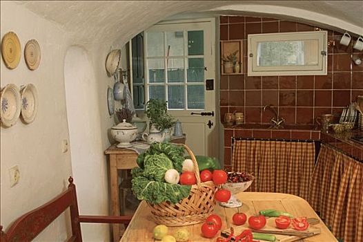 厨房,蔬菜,桌子,水槽,褐色,石板路,帘