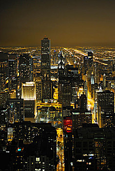 夜景,川普大厦,里格利大厦,阿奥中心,两个,谨慎的,广场,芝加哥,伊利诺斯,美国
