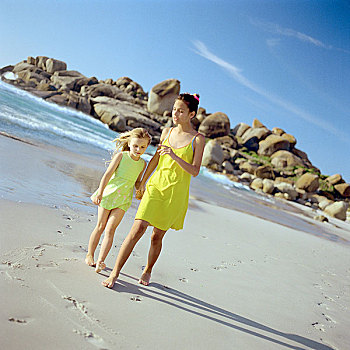女孩,小,姐妹,握手,走,海滩