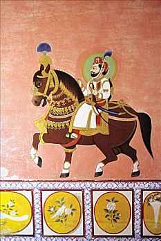 印度,拉贾斯坦邦,宫殿,特写,壁画