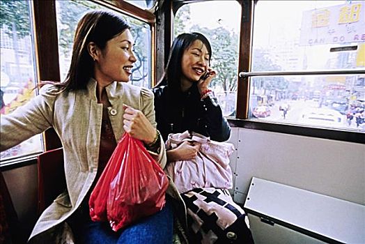 香港,两个,年轻,中国,女人,旅行,双层巴士,有轨电车,购物