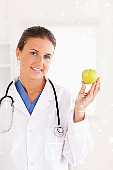 美女,黑发,博士,看,青苹果