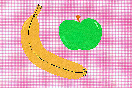 香蕉,苹果,粉色,格子布,背景