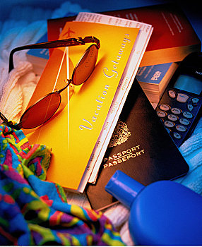 旅行,抽象拼贴画,机票,墨镜,护照,手机