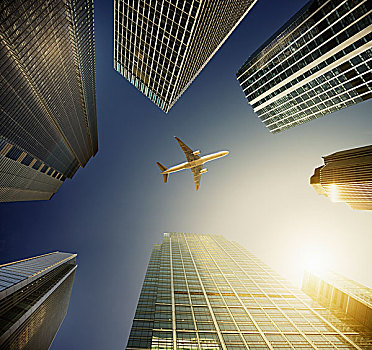 飞机,飞,蓝天,上方,高层建筑,建筑,旅行,概念