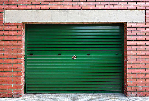 绿色,金属,车库,大门,红砖,墙壁,背景,纹理