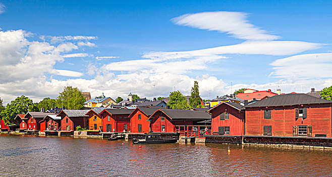 老,红色,木屋,河,海岸,城镇,芬兰