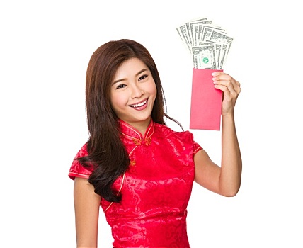 亚洲女性,拿着,红色,零用钱,美元