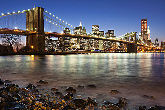 夜景,曼哈顿,布鲁克林,布鲁克林大桥,跨越,东河