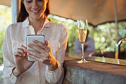 微笑,女人,打手机,玻璃杯,香槟,餐馆