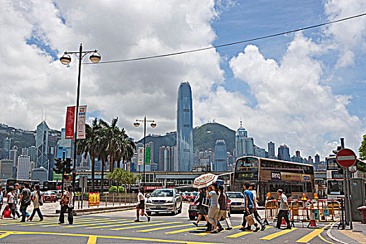 公交车站,中心,天际线,背景,香港