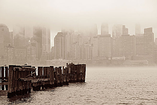 纽约,市区,商务区,码头,雾状,白天