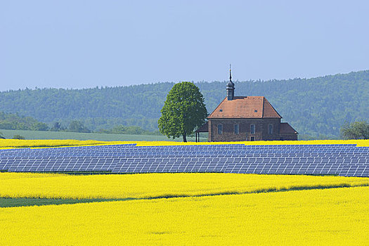 太阳能电池板,油菜地,教堂,巴伐利亚,德国