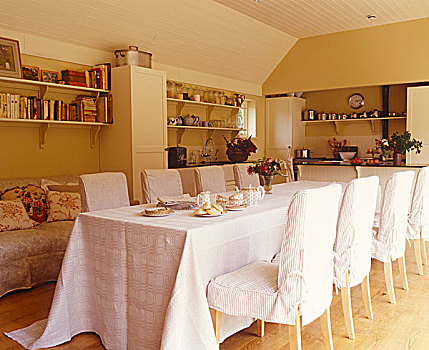 优雅,厨房,长,桌子,遮盖